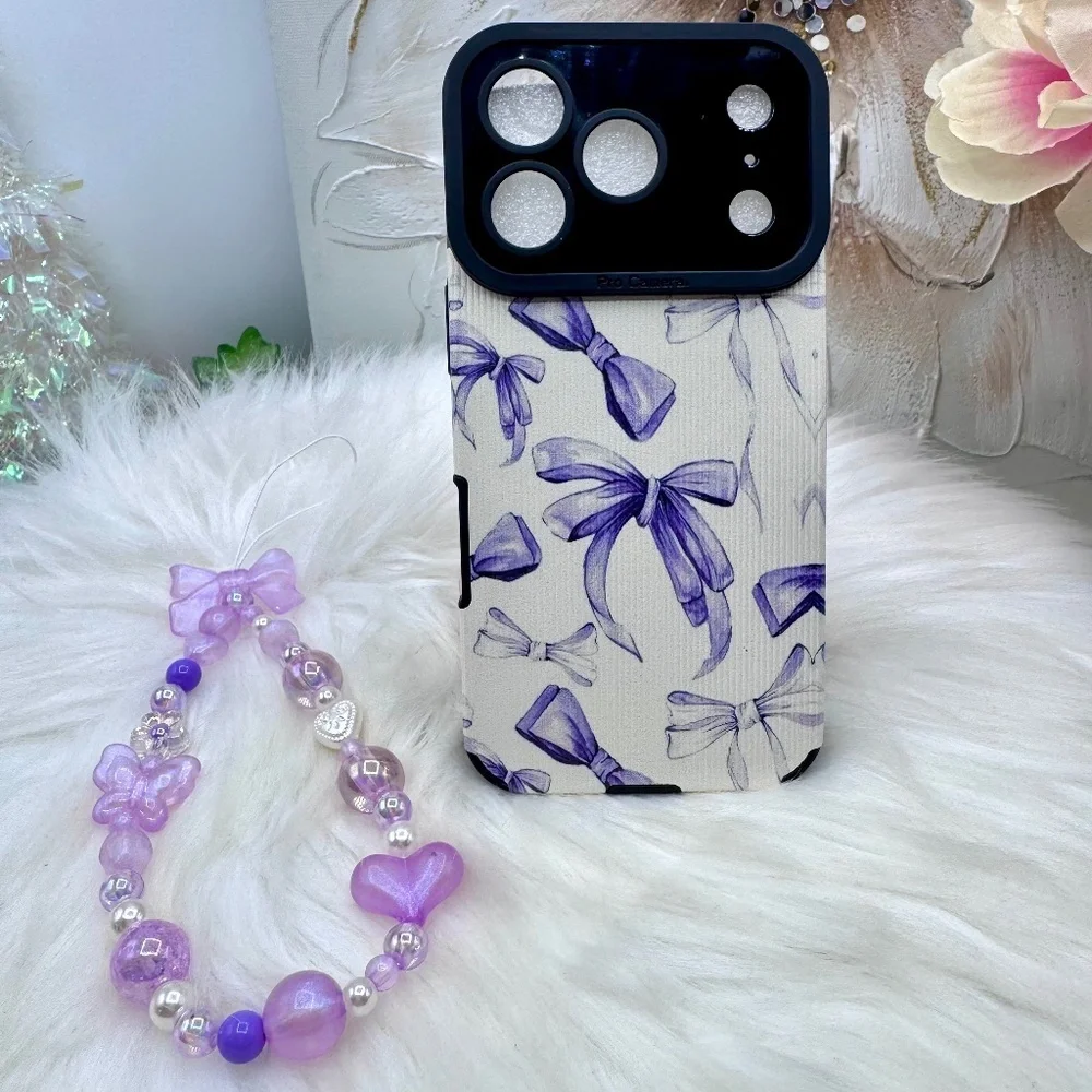 Chic Purple Bow iPhone 17 Pro Case with Phone Bow Beaded lanyard